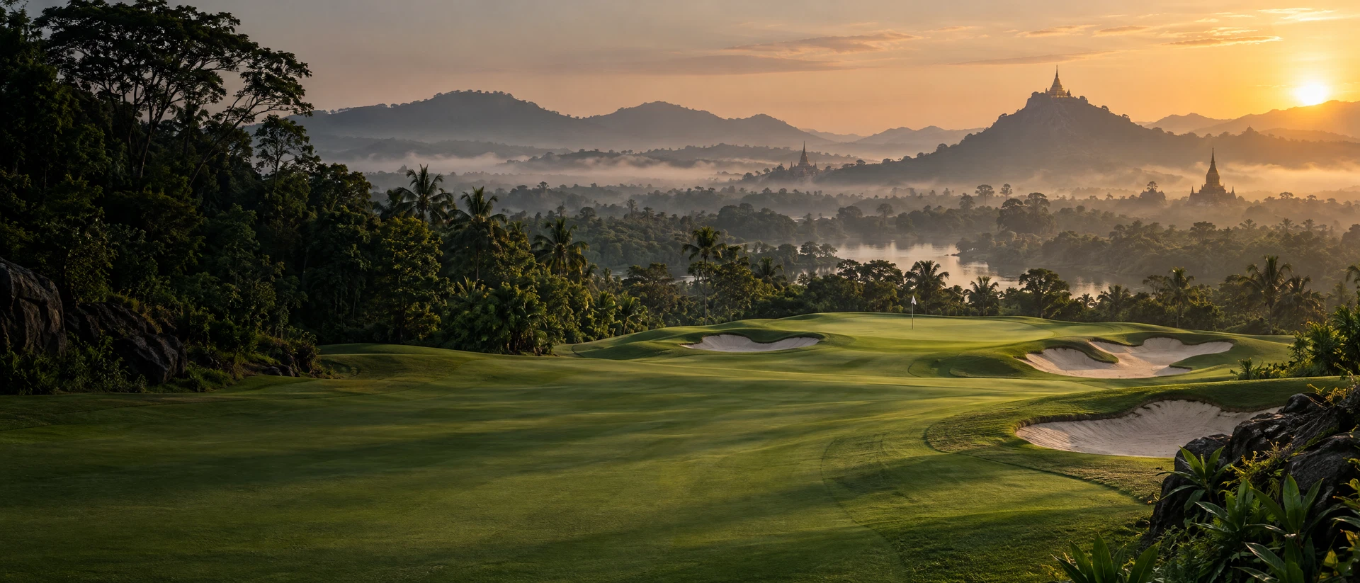 Sunrise over a championship golf course in Myanmar
