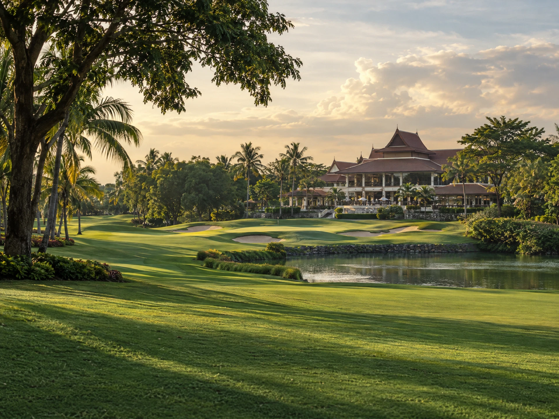 Pun Hlaing Golf Club fairway framed by tropical trees