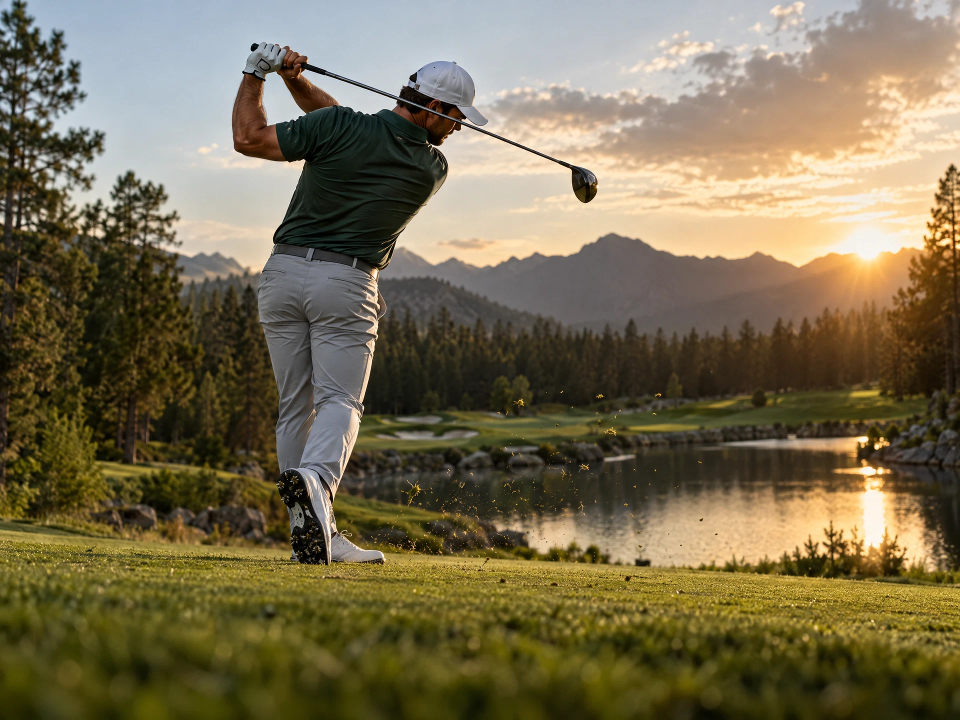 Professional golfer completing a swing at sunset