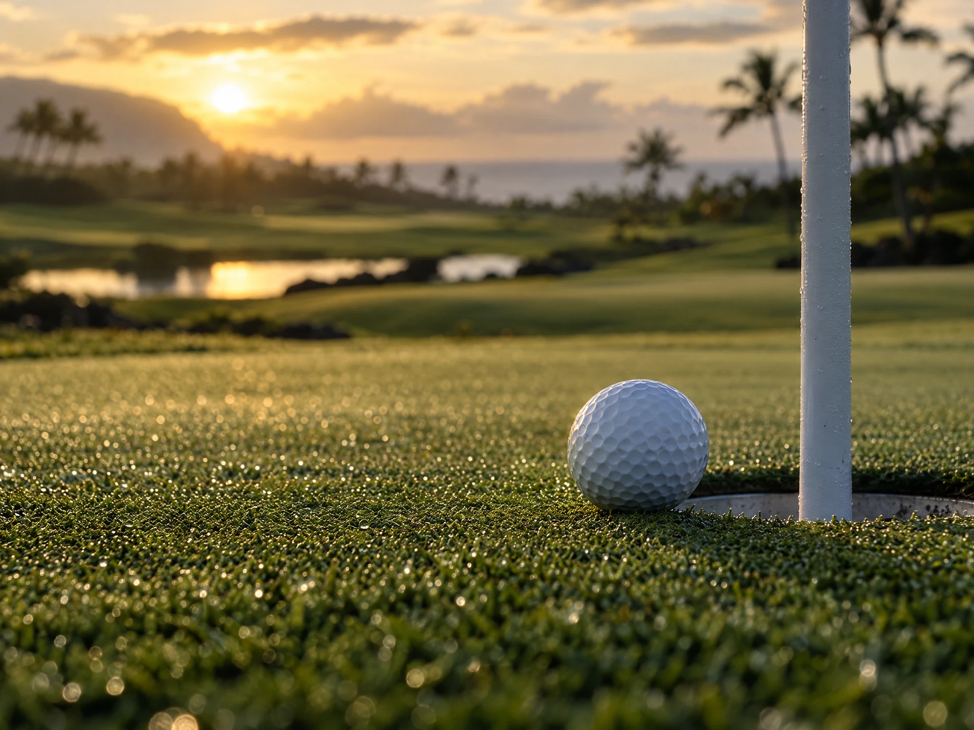 Golf ball and flagstick on a dew-covered green